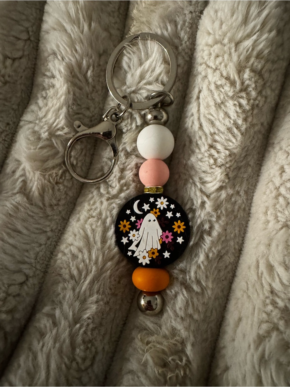 Handmade Black Floral Ghost Keychain with Pink, White & Orange Beads